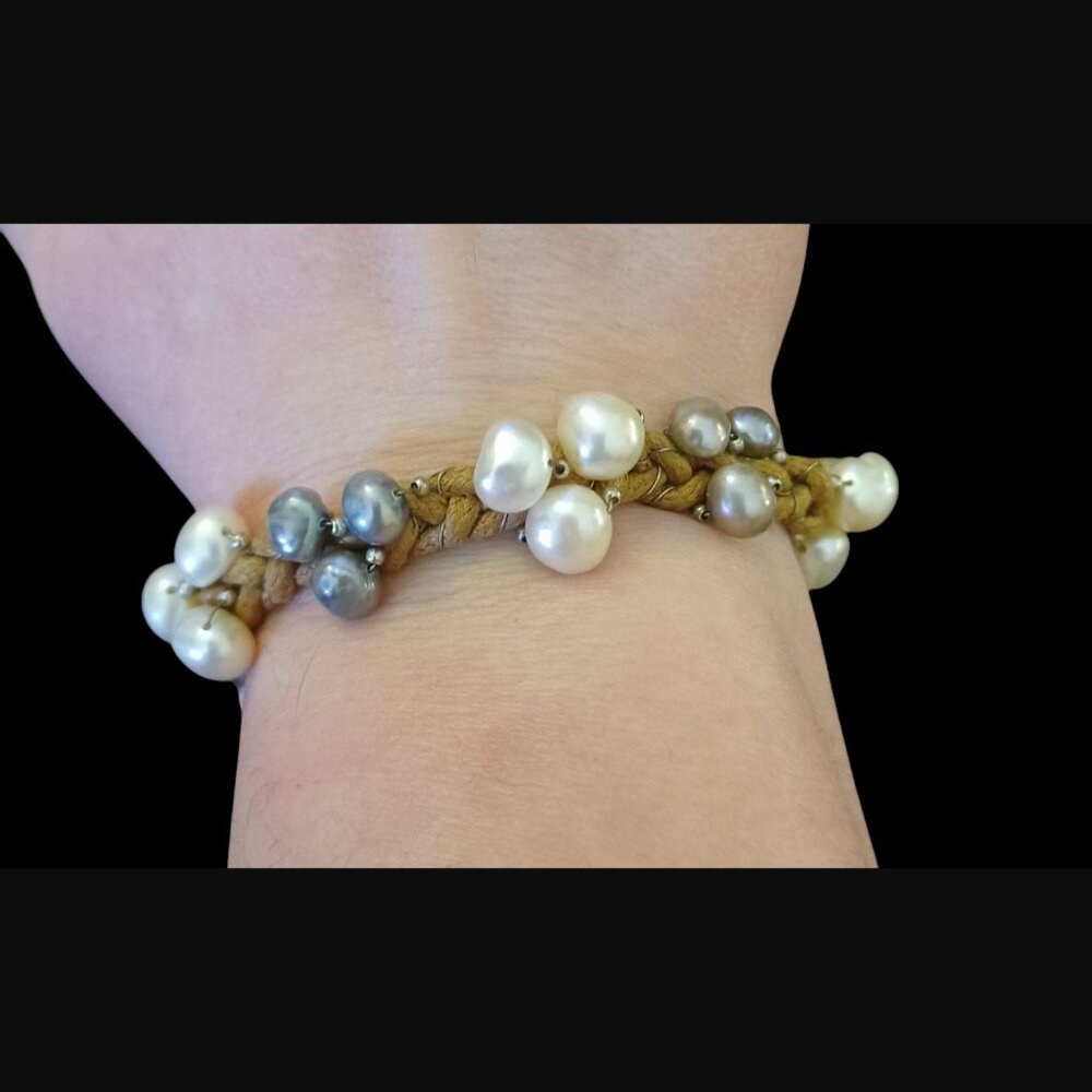 925 Sterling Silver Woven Cord Natural Pearl Cluster Size 7.25" Bracelet
